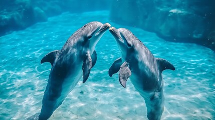 Fototapeta premium Two Dolphins Touching Noses Underwater.