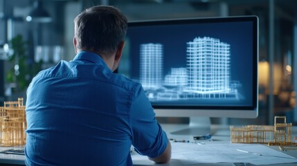 Engineer analyzing 3D building designs and structural blueprints for construction project in architectural office