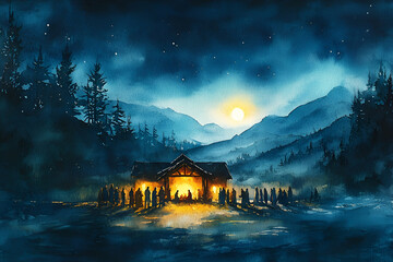 Fototapeta premium A painting of a group of people gathered around a small cabin in the woods. The painting has a peaceful and serene mood, with the people sitting around a fire and the cabin providing a sense of warmth