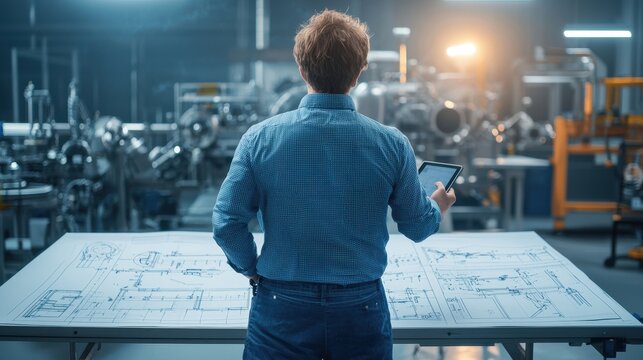 A mechanical engineer reviewing technical blueprints and machinery designs in high-tech factory for industrial project analysis