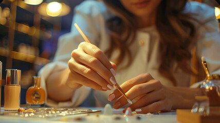 Manicurist filing client's nails at table, closeup. Spa treatment