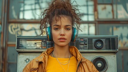 Young woman with curly hair listening to music through headphones