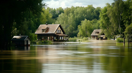 Obraz premium A Scenic View of Two Houses Partially Submerged in Flood Waters, Surrounded by Lush Green Trees Under a Cloudy Sky