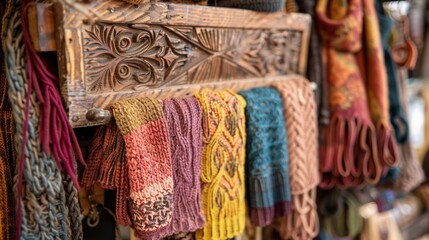 A wooden sign adorned with delicate wood carvings hangs above a display of handknitted scarves and beanies in rich earthy tones.