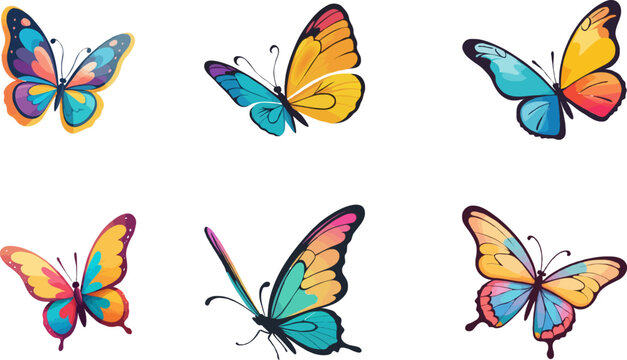 Set of colorful butterflies on a transparent background, clipart, and cutout