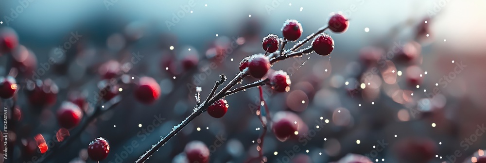 Canvas Prints The festive holiday background of frosted pine branches with red berries and shimmering lights is perfect for celebrations of the season, especially around Christmas.