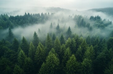 Misty morning in a lush green forest with tall trees and soft light illuminating the landscape