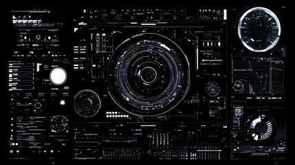 Futuristic Digital Interface with White Glowing Lines on a Black Background Displaying Various Information