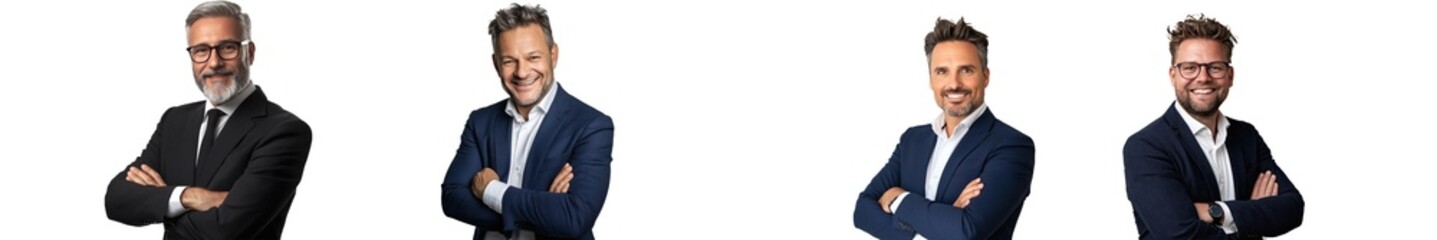 In a white transparent background, an Afro businessman is posed with crossed arms, in a suit.