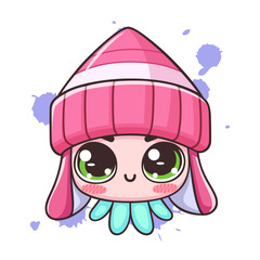 Cute squid character Chibi  style with pink hat and big green eyes, Kawaii style illustration