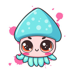 Cute squid character Chibi  style with pink hat and big green eyes, Kawaii style illustration