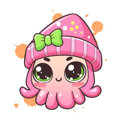 Cute squid character Chibi style with pink hat and big green eyes, Kawaii style illustration
