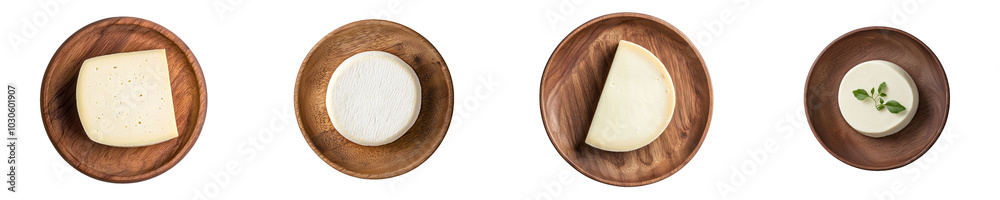 Poster isolated top view of whole round cheese on cutting board, isolated on transparent background
