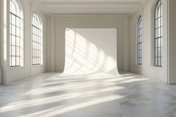 White Backdrop in a Classic Room with Large Windows and Marble Floor