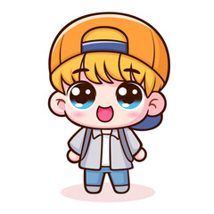 Cartoon cute little boy wearing a cap smiling happily, vector cartoon illustration