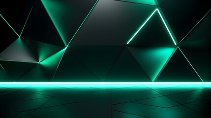 Dark Green Wall with geometric Patterns and Neon Lighting. Futuristic Backdrop for Product Presentation