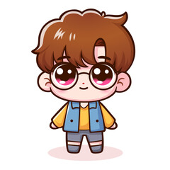 Cartoon cute little boy wearing glasses smiling happily, vector cartoon illustration