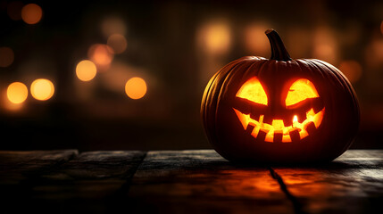 Fototapeta premium A Glowing Jack-o'-Lantern with a Carved Grin Rests on a Rustic Wooden Table Against a Background of Warm, Blurry Lights, Evoking a Spooky and Festive Halloween Atmosphere.