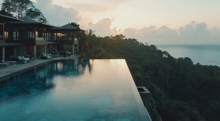 Obraz premium Featuring an infinity pool overlooking the sunset, lush tropical landscaping, and a modern outdoor lounge area with panoramic views of the ocean