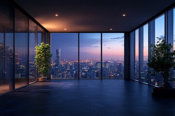 Modern Office with City Skyline View at Dusk