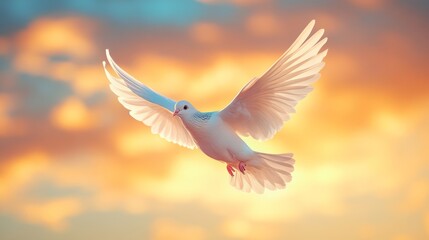 Obraz premium A pastel bird flying high in the sky, symbolizing freedom and perspective. Pastel Bird Flying in Bright Sky at Dusk