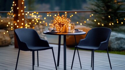 Obraz premium Charming outdoor seating area with lights, table, and chairs, inviting atmosphere.