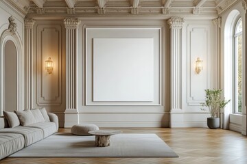 Modern Living Room Interior Design with Large Blank Canvas  Classic Molding  and White Sof