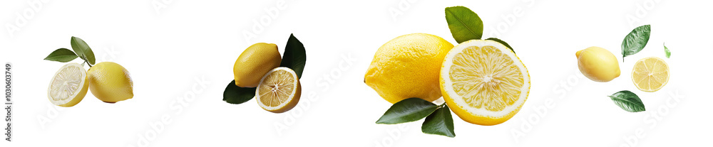 Poster The half and slice of a lemon with leaves on a transparent background is isolated.