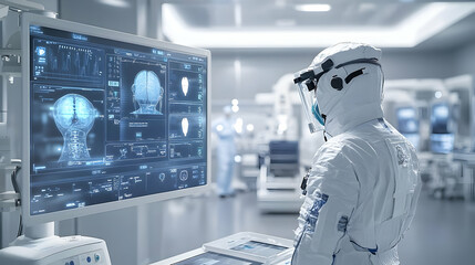 A healthcare professional in a sterile environment observes a digital display showing medical scans of a human brain.