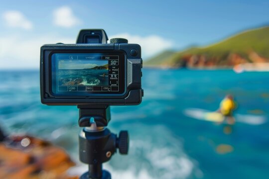 Digital camera on a tripod is recording a surfer riding a wave