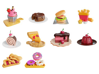 Whole cakes with frosting and fruit flat vector illustration set