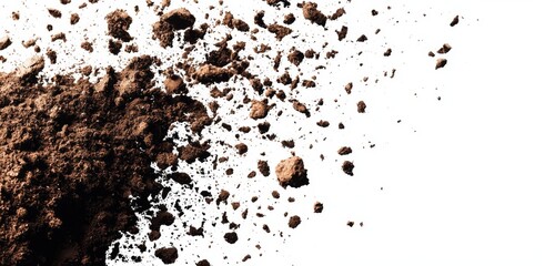 Flying Dirt Particles Above Soil Mound on White Background