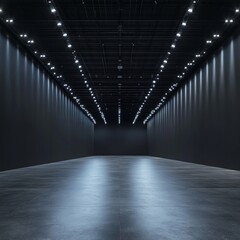 Fototapeta premium A spacious, dimly lit gallery with high ceilings and bright spotlights illuminating the walls.