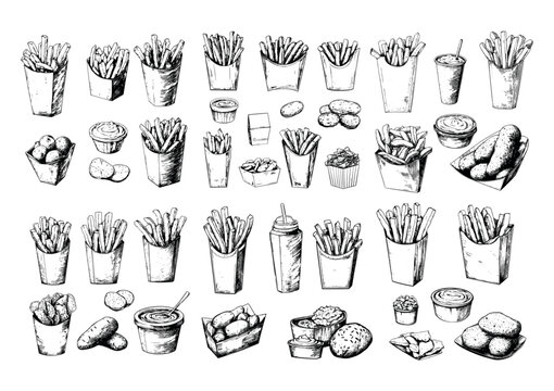 Crispy fried potato Ink sketch vector set. Paper bags cups plates gravy sauces quick snack vegetable boiling oil dips chips street food grayscale monochrome artworks isolated on white background