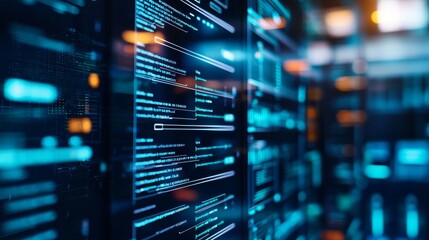 A close-up view of digital data streams on a computer server, highlighting vibrant blue lines and glowing nodes, representing technology and information flow.