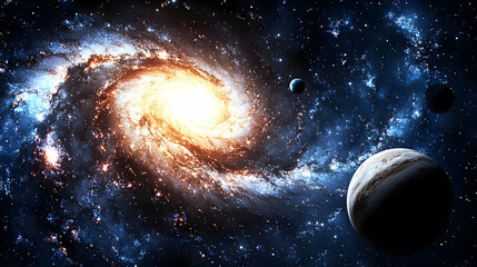 Obraz premium A Stunning Digital Illustration of a Galaxy with Planets and Stars in a Cosmic Dance of Light and Color