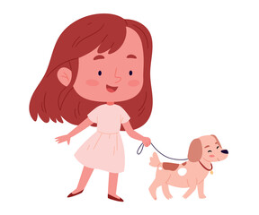 A cartoon girl walks a dog.happy cute little kid play with dog