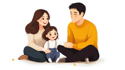 Fototapeta premium Abstract art of the closeness of a happy family of three sitting on the floor reflects the harmony of the household on a white background