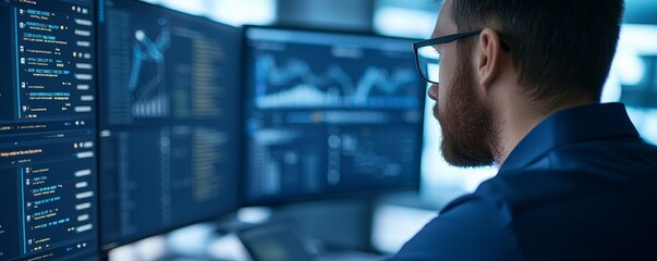 A focused professional analyzes data on multiple screens, showcasing a modern workspace dedicated to technology and information.