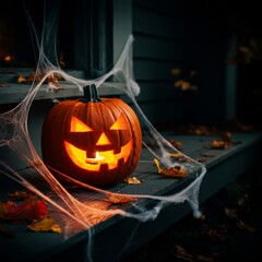 A classic jack-o'-lantern glows on a porch step, surrounded by cobwebs and fallen leaves, creating a perfect Halloween scene.