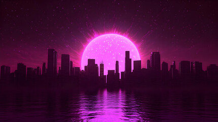 Fototapeta premium A Futuristic City Skyline with a Glowing Pink Sun and Stars