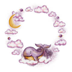 Hand-drawn digital illustration of clouds, moon, purple whale. Watercolor round frame on an isolated white background. Clouds circle frame. Design children's products, cards, packaging, posters.