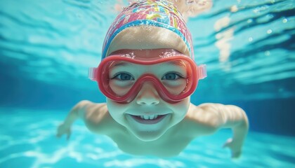 Naklejka premium A joyful child in swimming goggles enjoys an underwater swimming lesson, showcasing excitement and confidence in the water during a sunny day.