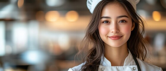 Obraz premium A joyful woman chef poses proudly in a bright kitchen, showcasing her culinary skills and passion for cooking. Her warm smile reflects confidence and creativity.