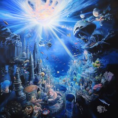 High-angle view of an ethereal underwater city, vibrant coral structures, swirling fish, mystical light rays
