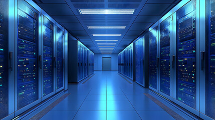 3D Render of a Data Center Corridor with Rows of Servers Illuminated by Blue Lights