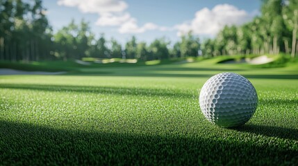 Fototapeta premium A closeup of a golf ball resting on a vibrant green course, surrounded by lush landscapes and clear skies, perfect for golf enthusiasts and nature lovers alike.