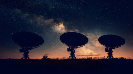 Silhouettes of Three Satellite Dishes Against a Starry Night Sky with the Milky Way Galaxy Visible
