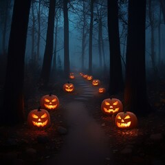 Jack-o'-lanterns in forest