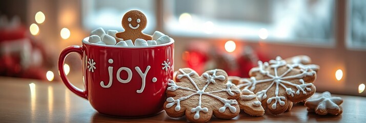 Cozy winter moment with a festive red cup of hot cocoa and gingerbread cookies by the window